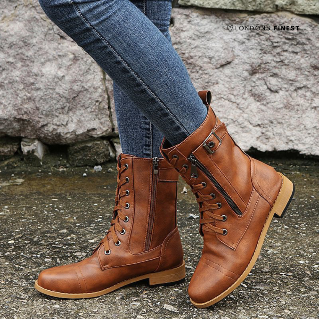 Lace Up Leather Combat Boots with Buckle Strap