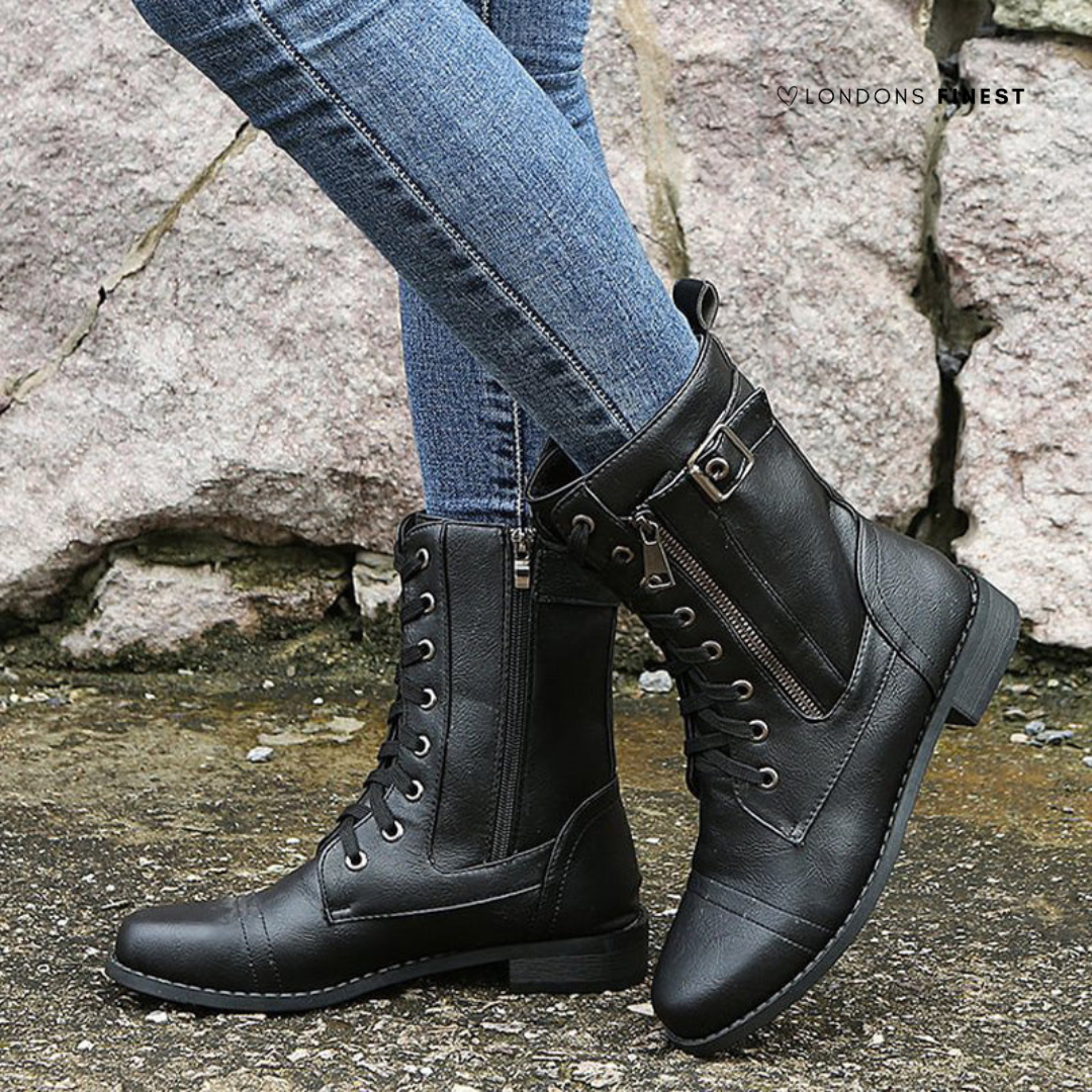 Lace Up Leather Combat Boots with Buckle Strap