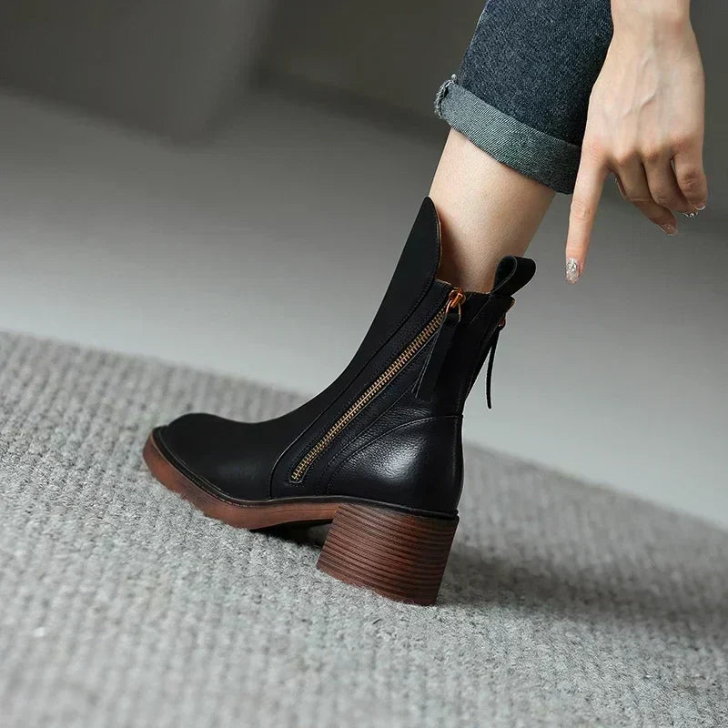 Leather Heeled Ankle Boots with Front Zip and Block Heel