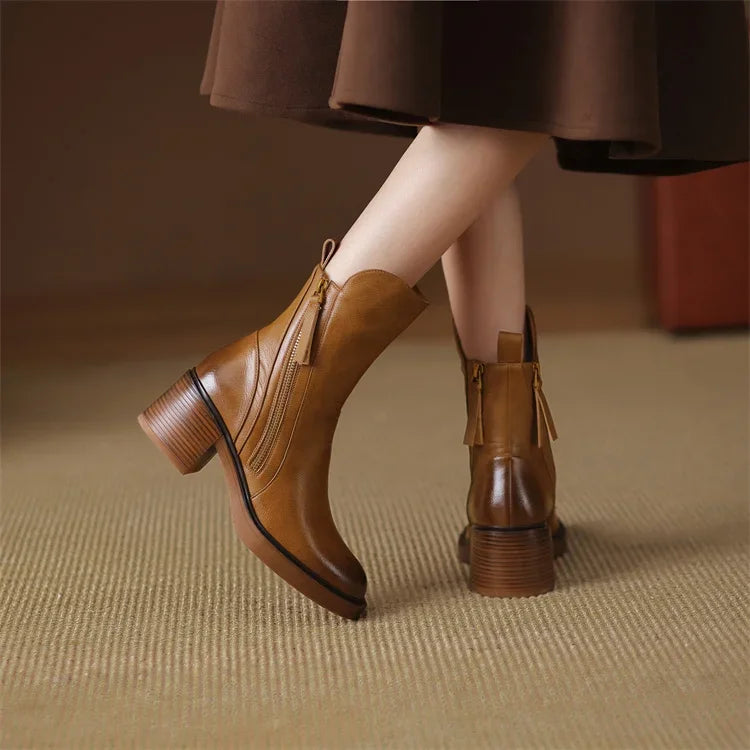 Leather Heeled Ankle Boots with Front Zip and Block Heel