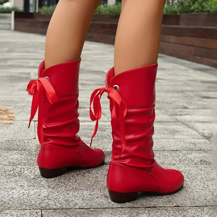 Leather Knee High Boots with Ruched Shaft and Bow Tie Detail