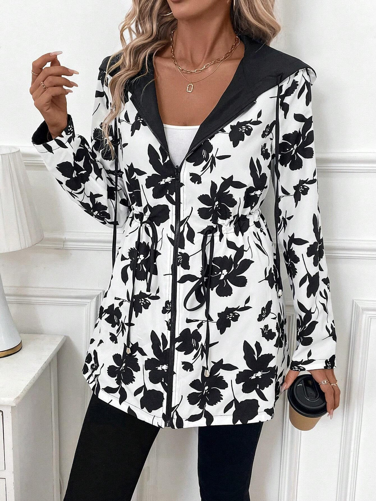 Bold Hooded Jacket with Contrast Hood and Drawstring Waist