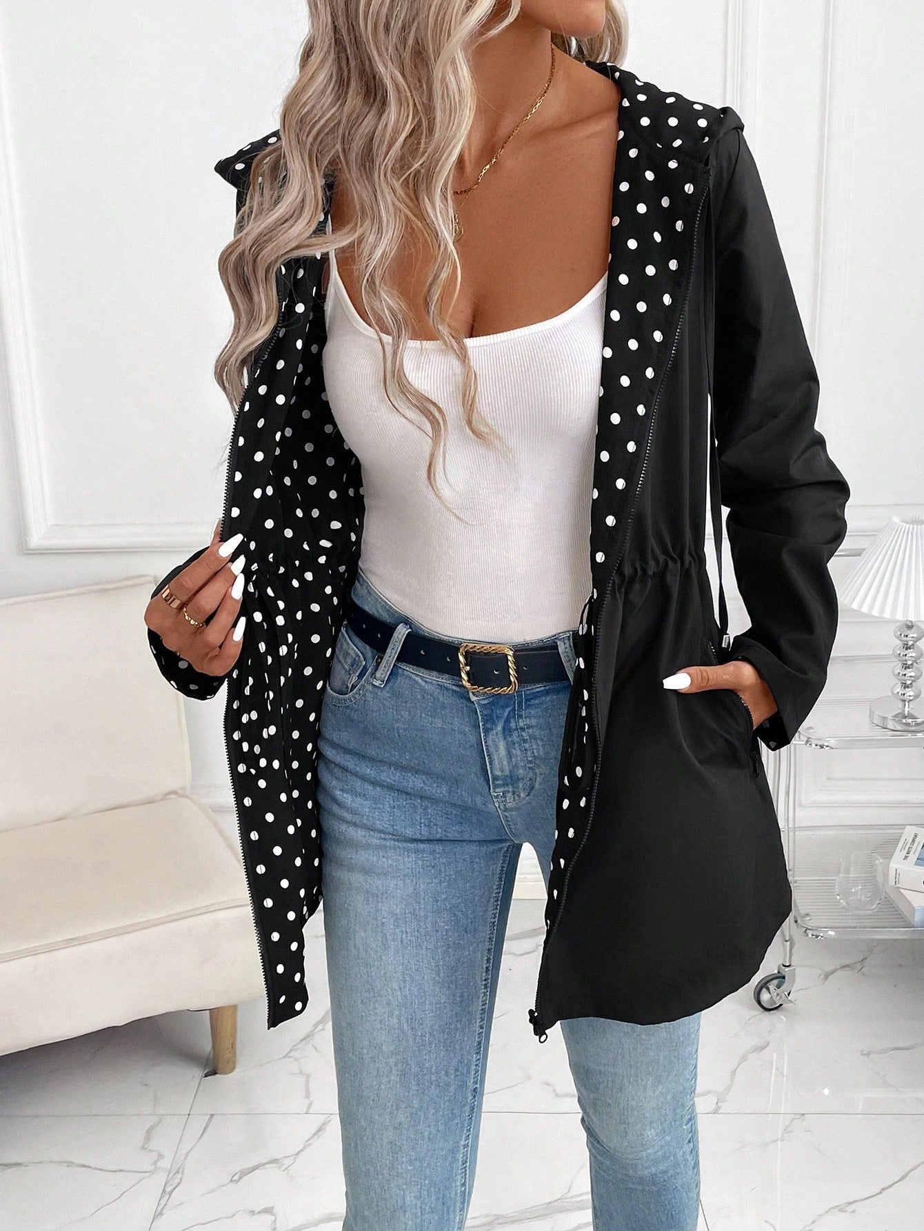 Bold Hooded Jacket with Contrast Hood and Drawstring Waist