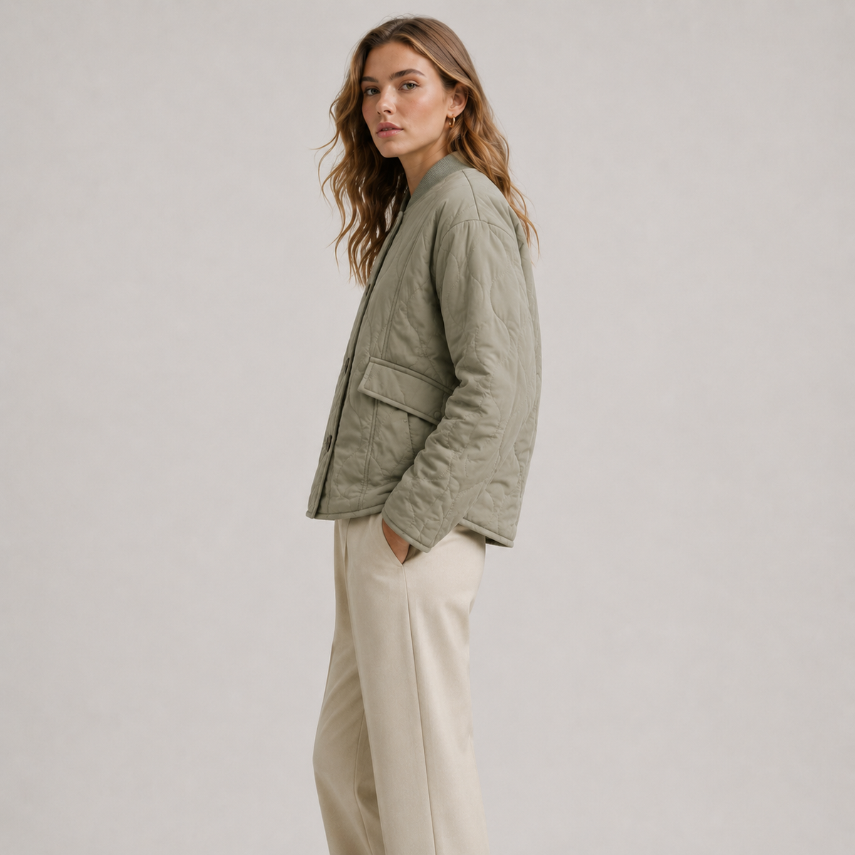 Lightweight Quilted Jacket with Ribbed Collar and Flap Pockets