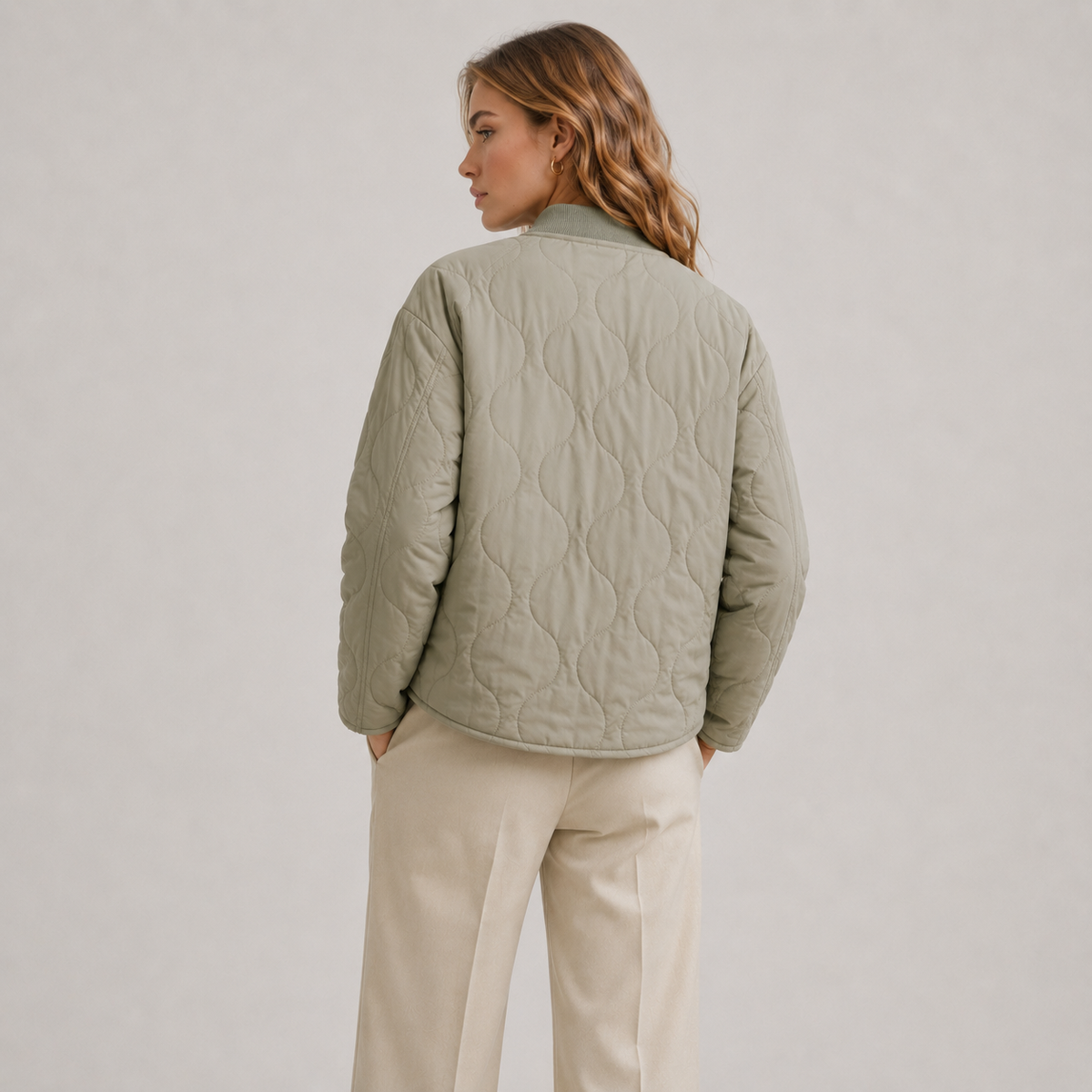 Lightweight Quilted Jacket with Ribbed Collar and Flap Pockets