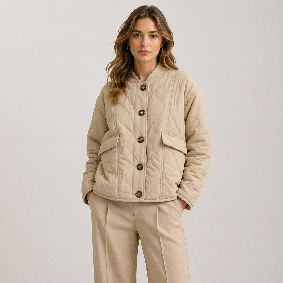 Lightweight Quilted Jacket with Ribbed Collar and Flap Pockets