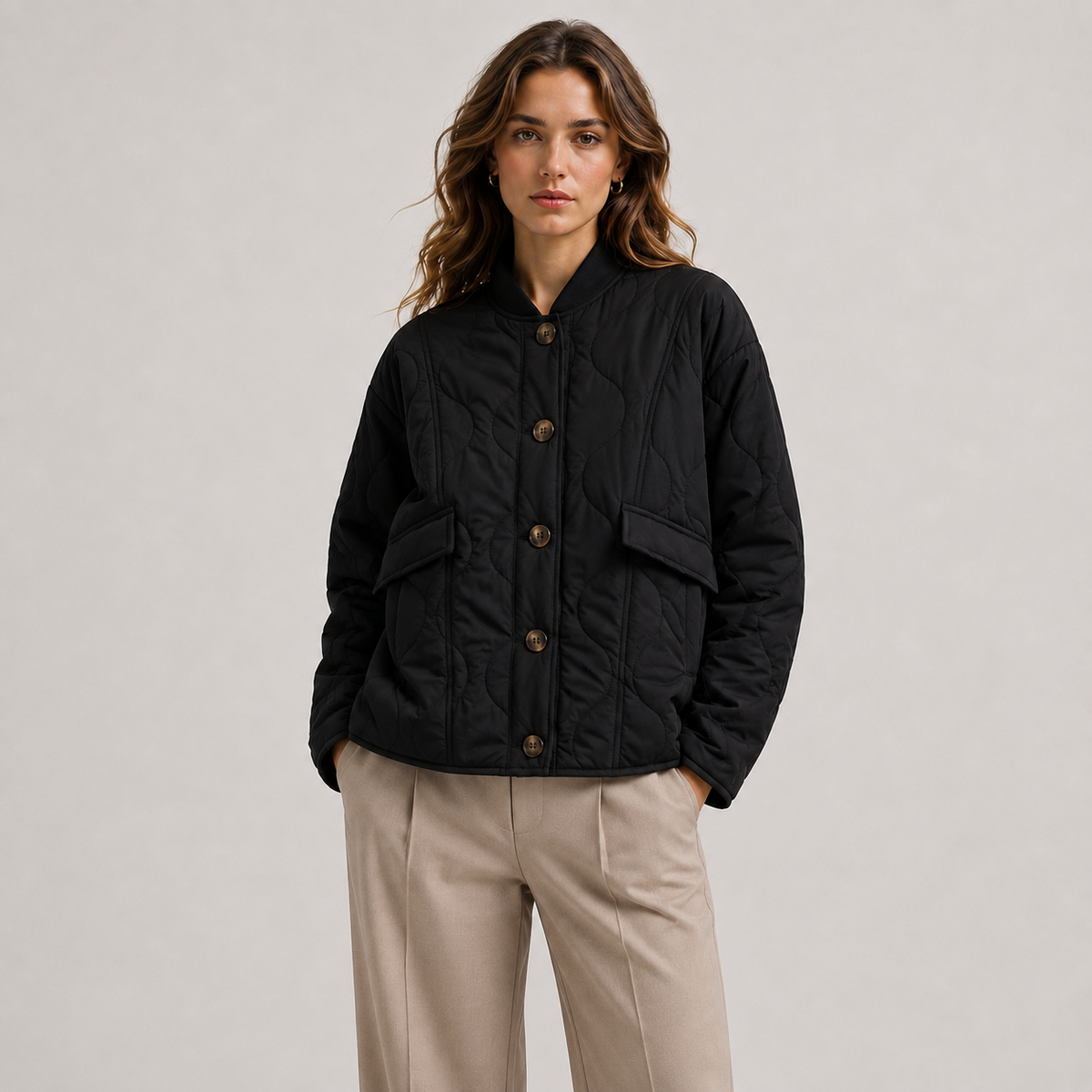 Lightweight Quilted Jacket with Ribbed Collar and Flap Pockets