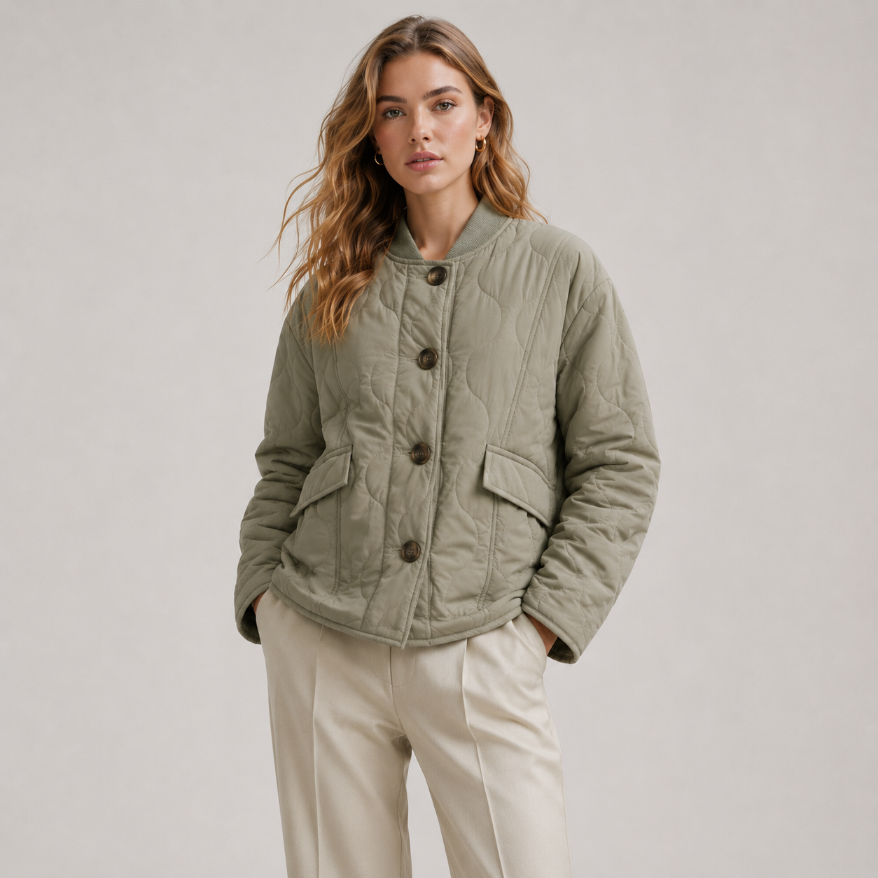 Lightweight Quilted Jacket with Ribbed Collar and Flap Pockets