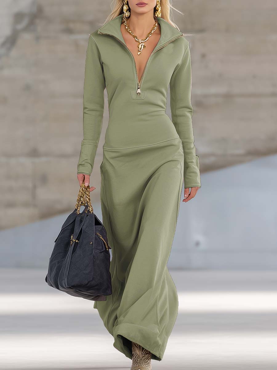 Long Sleeve Maxi Dress with Half Zip and Stand Collar
