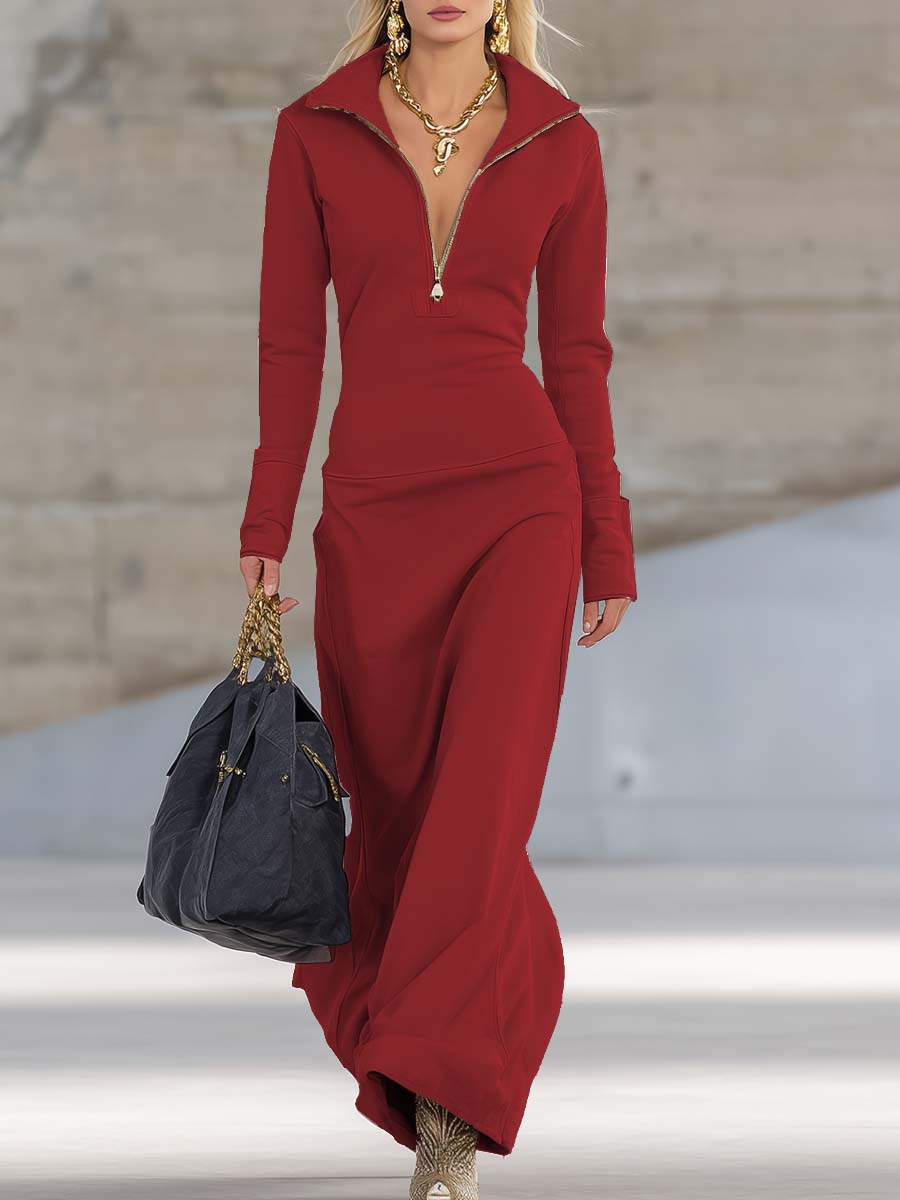 Long Sleeve Maxi Dress with Half Zip and Stand Collar