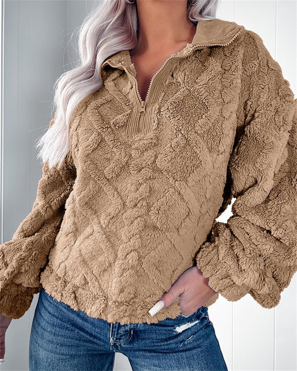 Women's Zip-Neck Fleece Pullover with Textured Finish