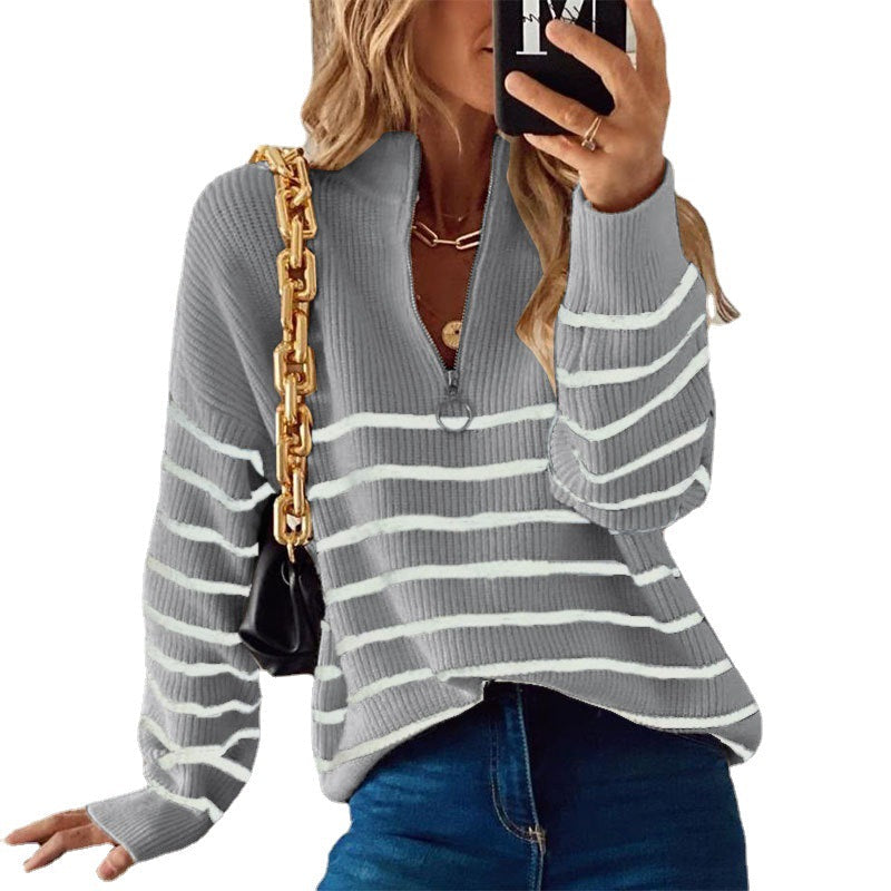 Women's Striped Ribbed Jumper with Zip Neckline