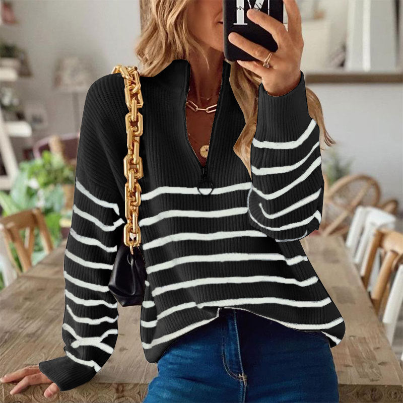 Women's Striped Ribbed Jumper with Zip Neckline