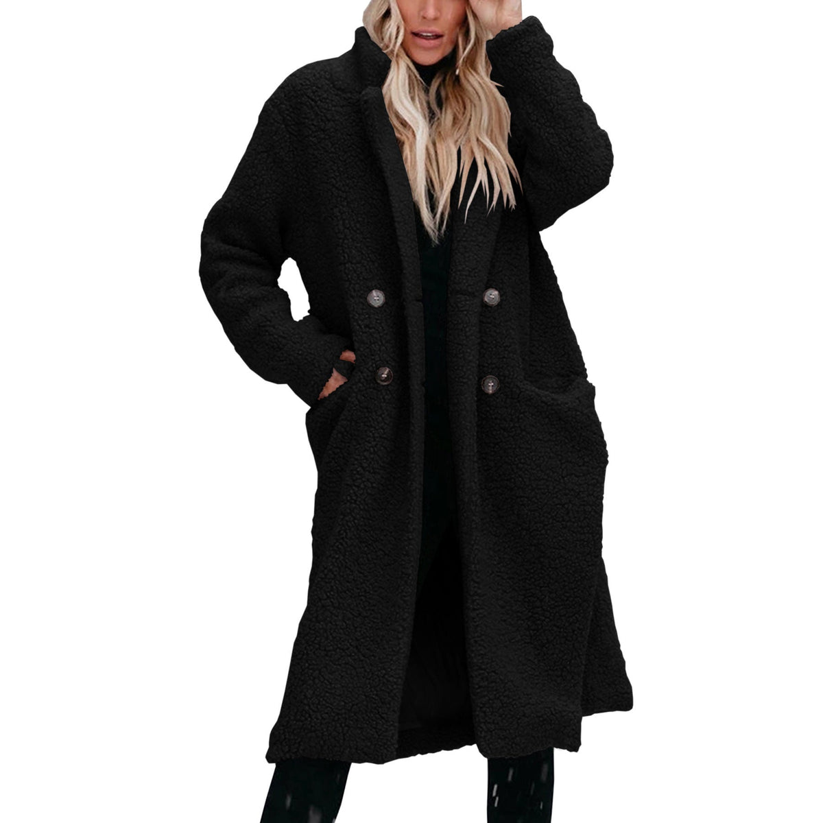Women's Long Teddy Coat with Button Front Closure