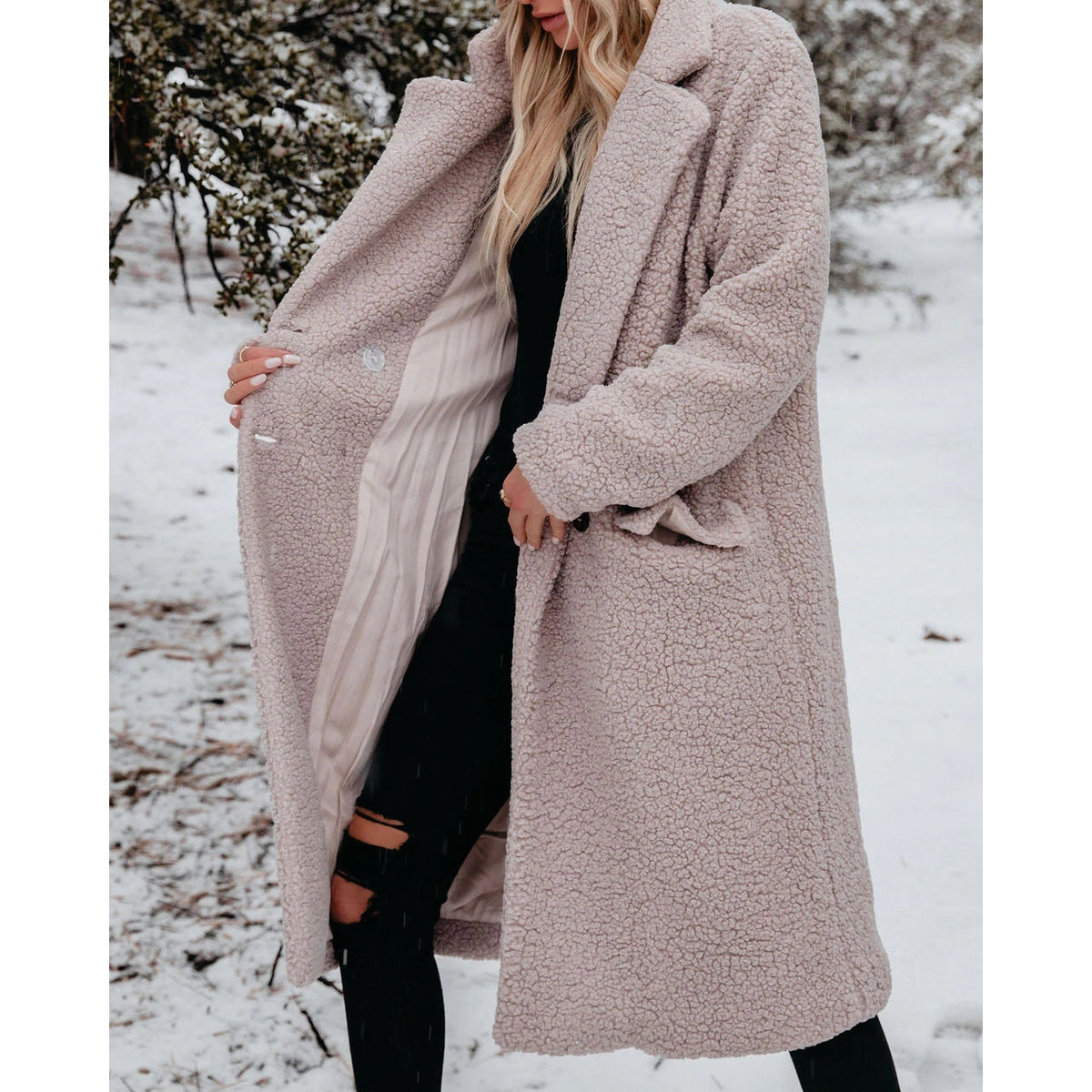 Women's Long Teddy Coat with Button Front Closure