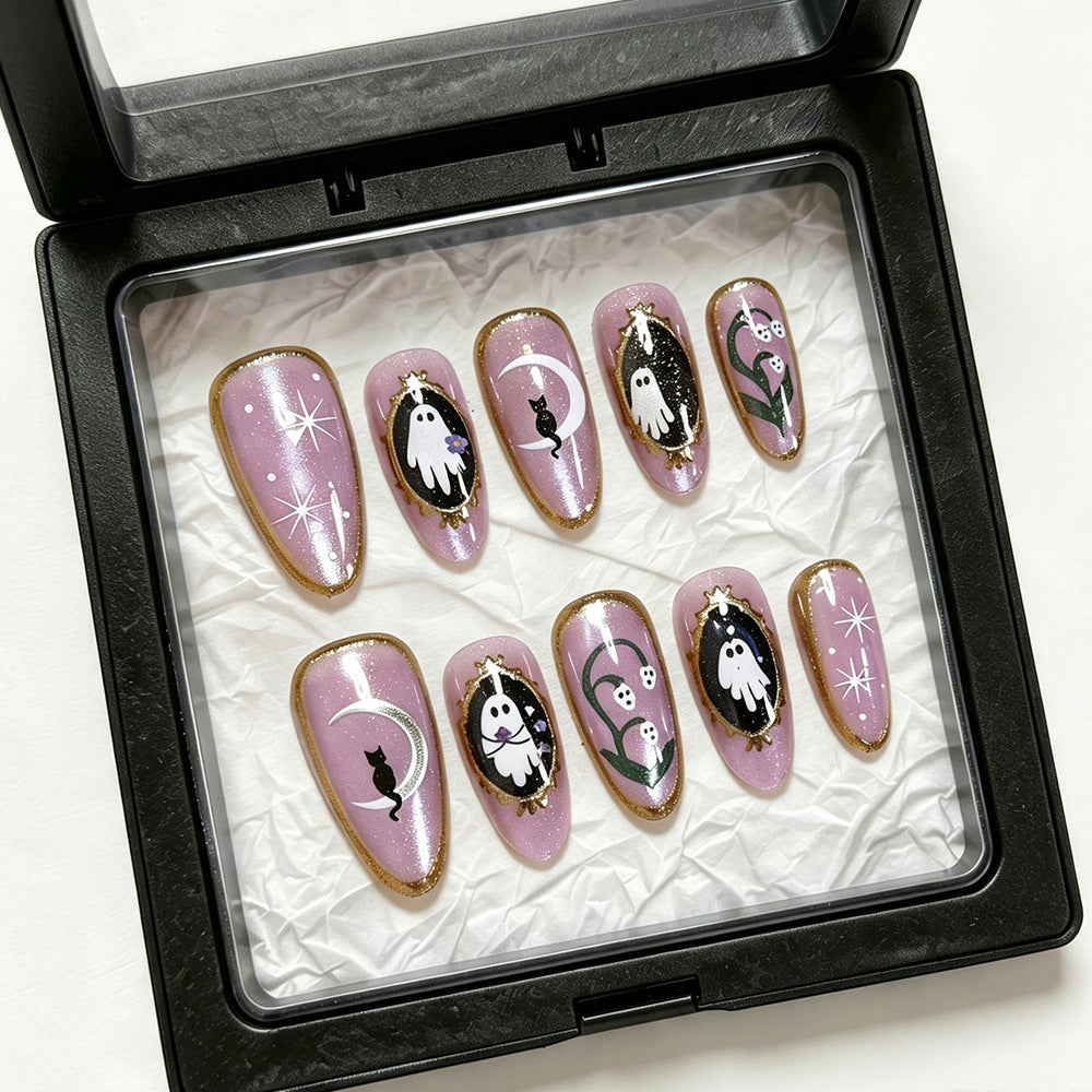 Halloween-Themed Ghost and Cat Press-On Nail Art Set Stornfield