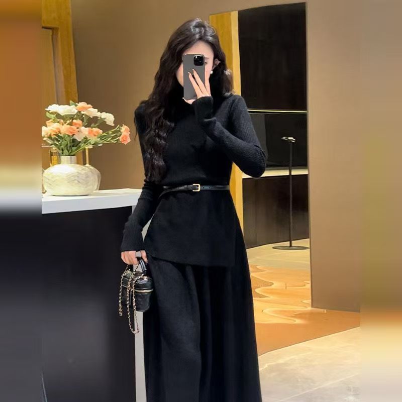 Women's Belted Asymmetric Knit Midi Dress Long Sleeve