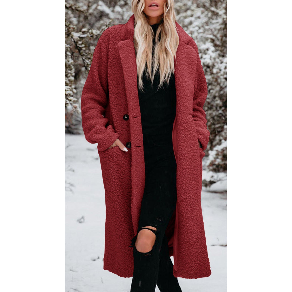 Women's Long Teddy Coat with Button Front Closure