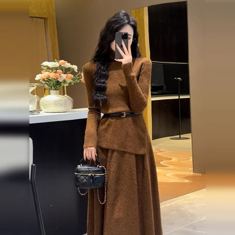 Women's Belted Asymmetric Knit Midi Dress Long Sleeve