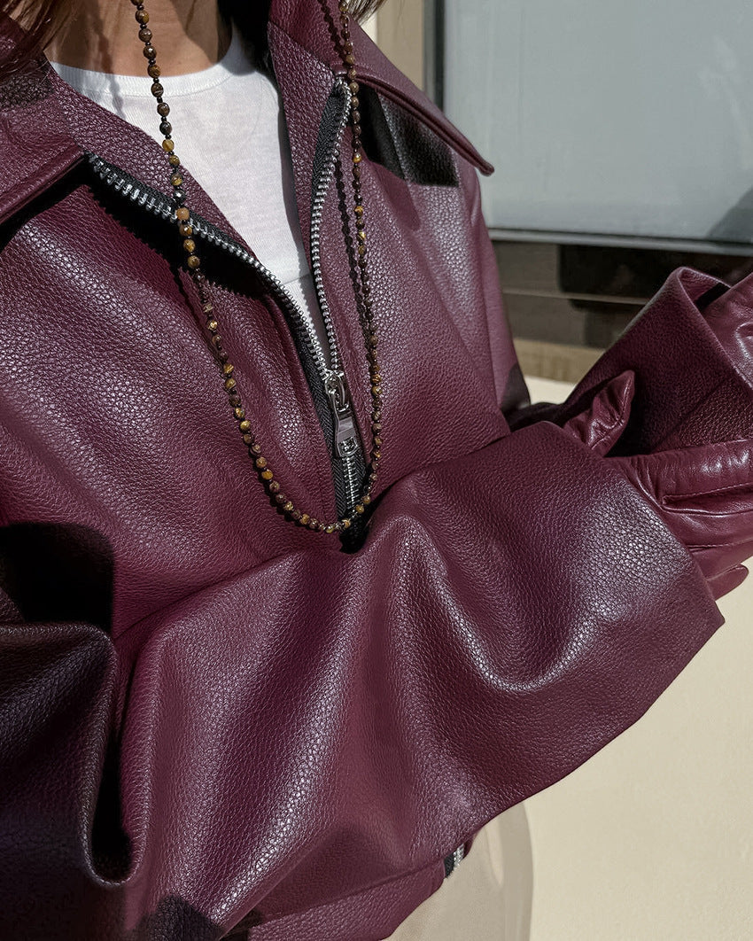 Women's Cropped Matte Biker Jacket with Front Zip
