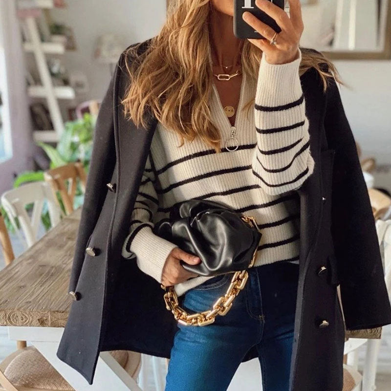 Women's Striped Ribbed Jumper with Zip Neckline