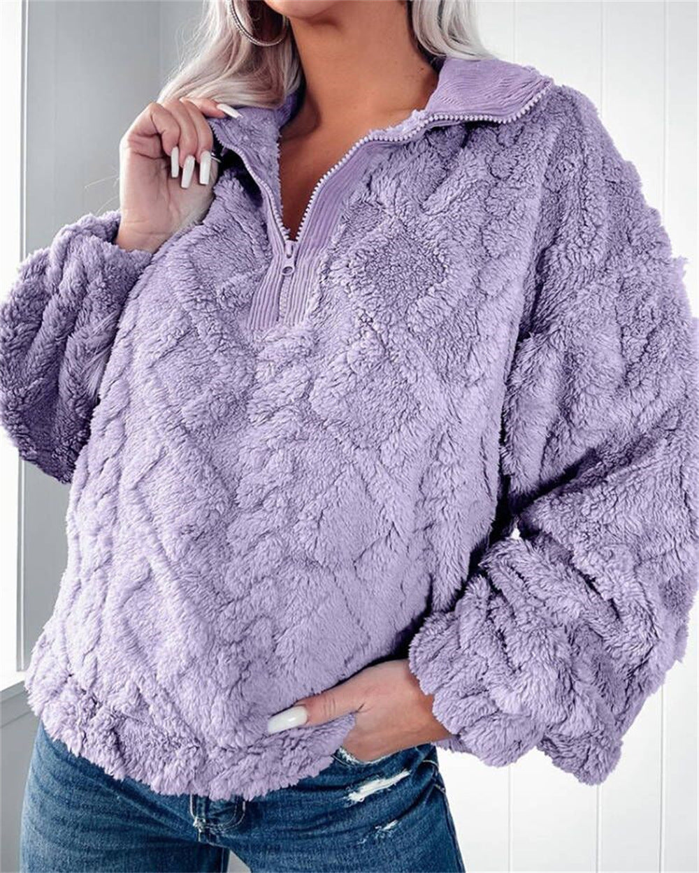 Women's Zip-Neck Fleece Pullover with Textured Finish