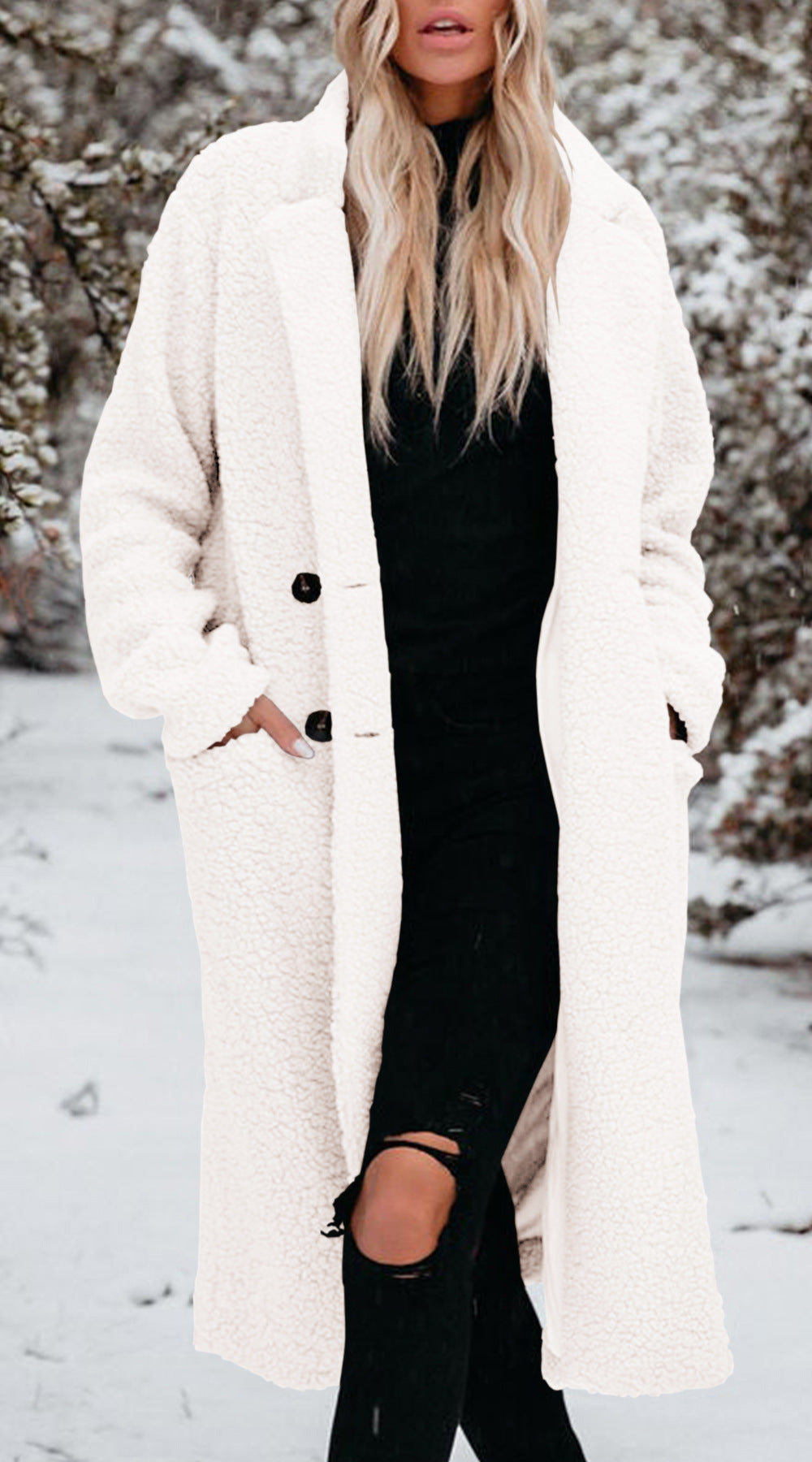 Women's Long Teddy Coat with Button Front Closure
