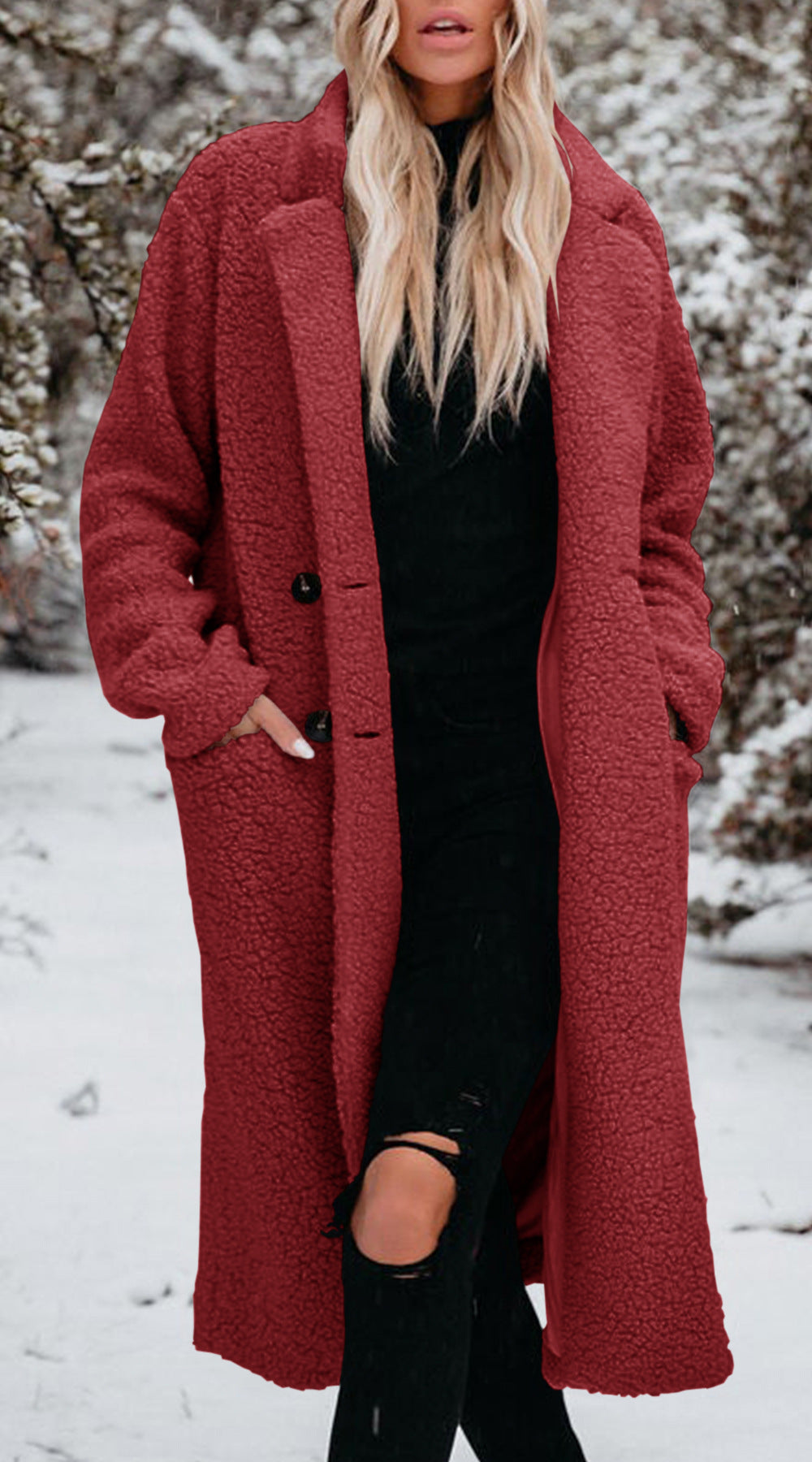 Women's Long Teddy Coat with Button Front Closure