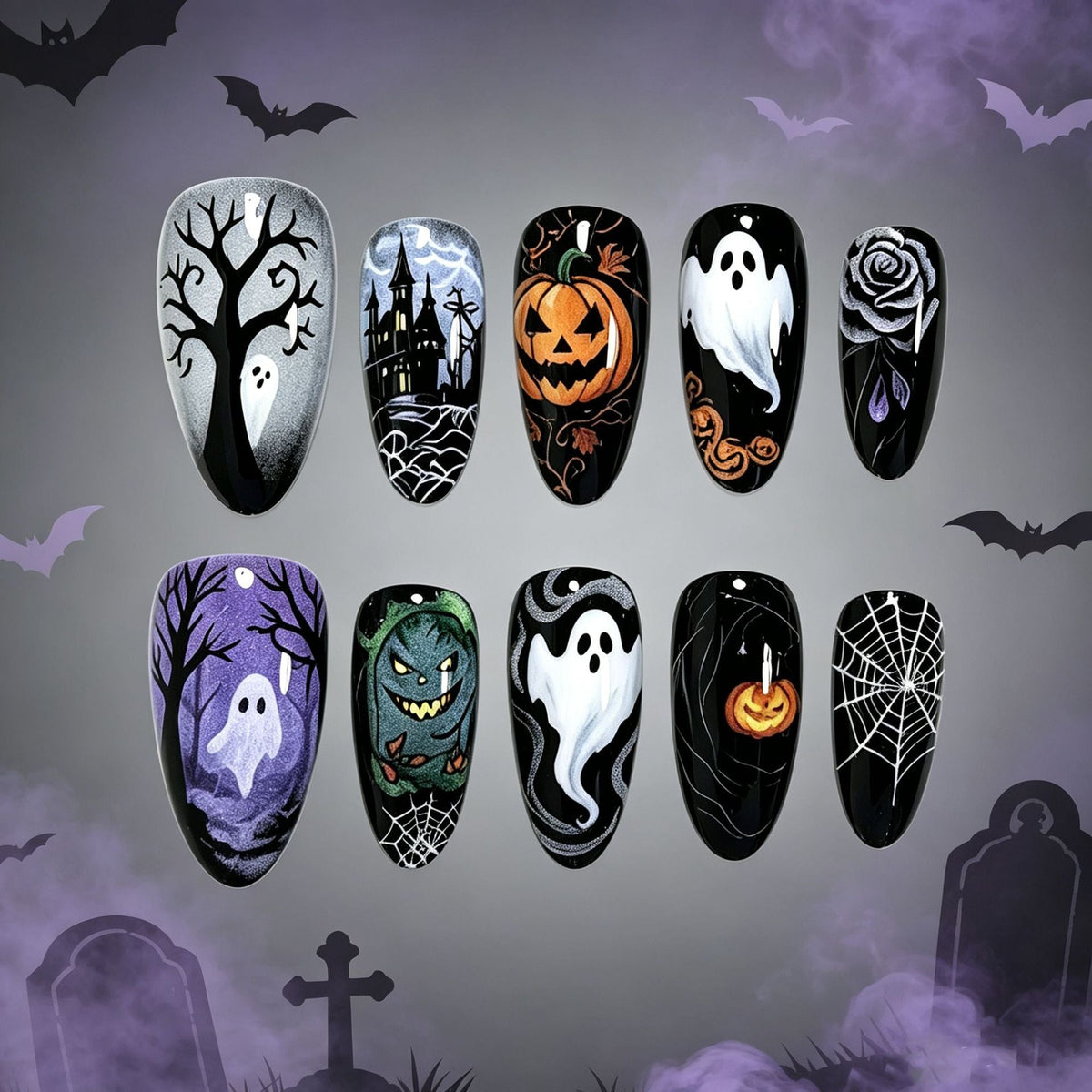 Halloween-Themed Press-On Nail Art Design Set Stornfield