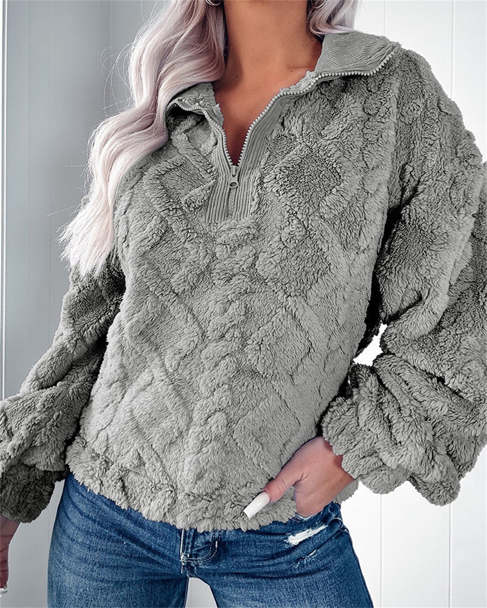 Women's Zip-Neck Fleece Pullover with Textured Finish