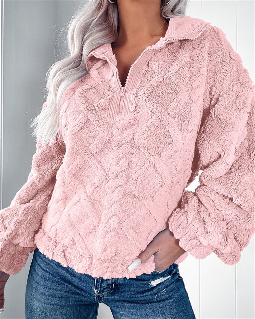Women's Zip-Neck Fleece Pullover with Textured Finish