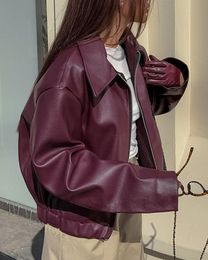 Women's Cropped Matte Biker Jacket with Front Zip