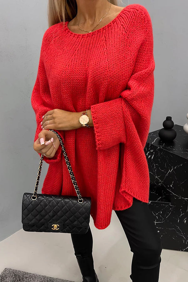 Oversized Cable Knit Sweater with Wide Sleeves and Round Neck