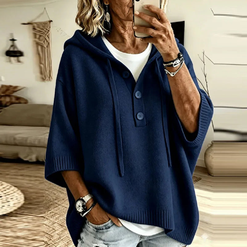 Oversized Hooded Knit Sweater with Button Placket and Drawstring