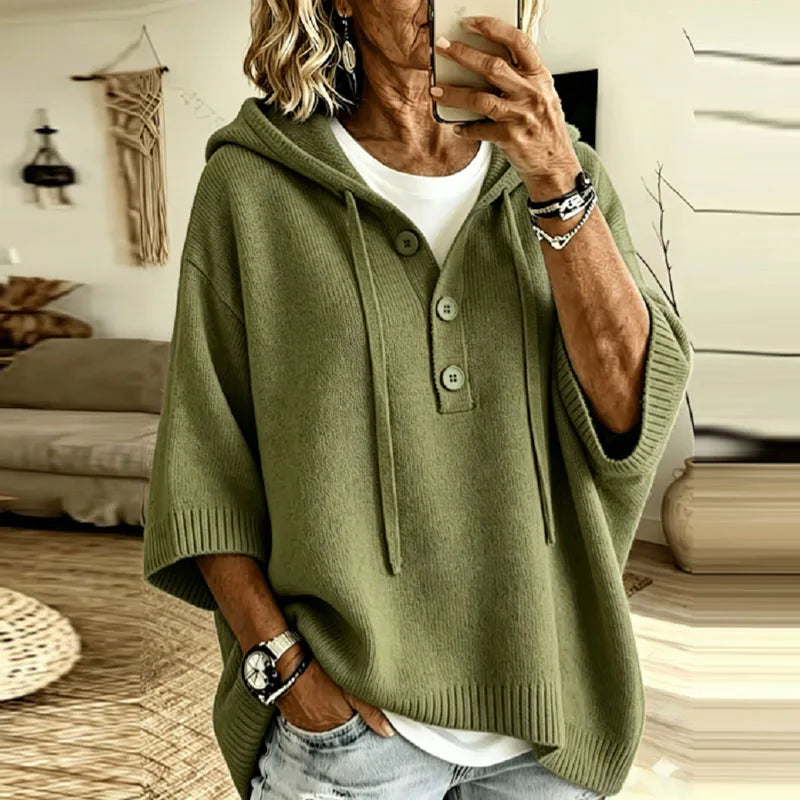 Oversized Hooded Knit Sweater with Button Placket and Drawstring