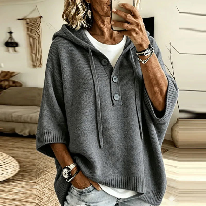 Oversized Hooded Knit Sweater with Button Placket and Drawstring