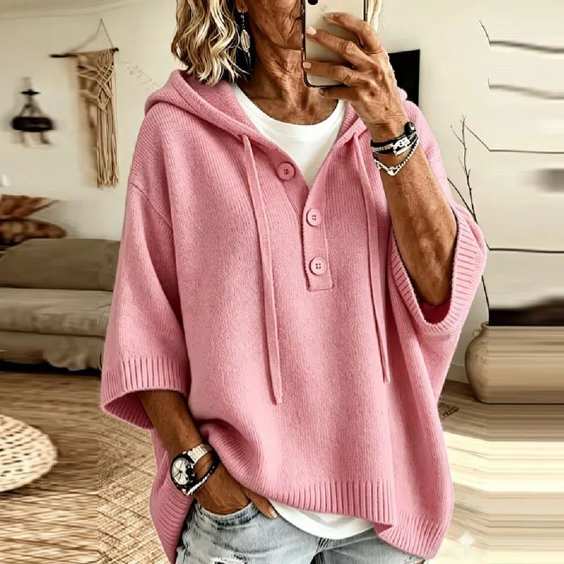 Oversized Hooded Knit Sweater with Button Placket and Drawstring