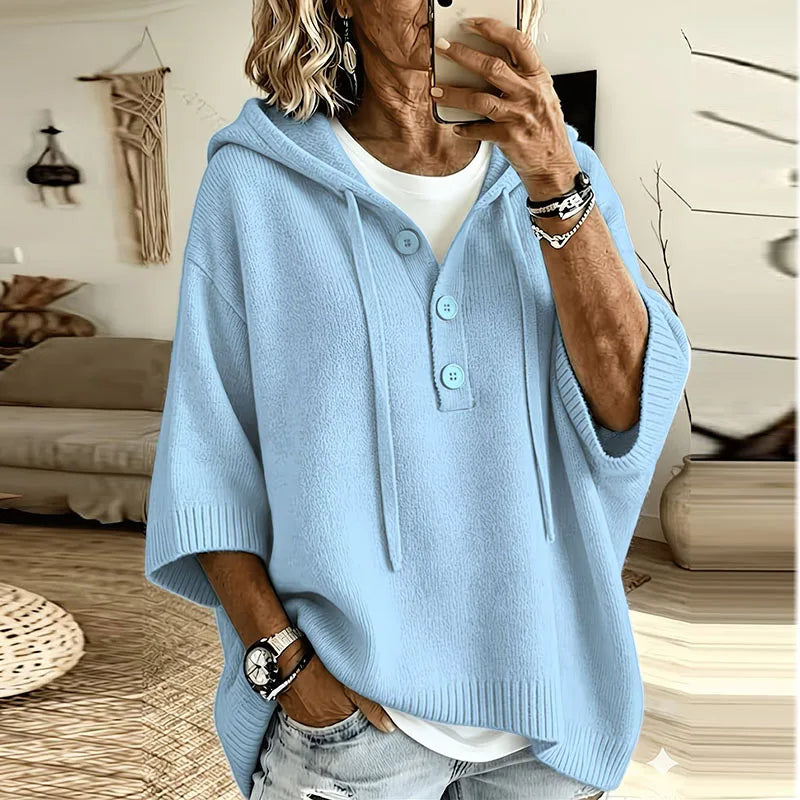 Oversized Hooded Knit Sweater with Button Placket and Drawstring