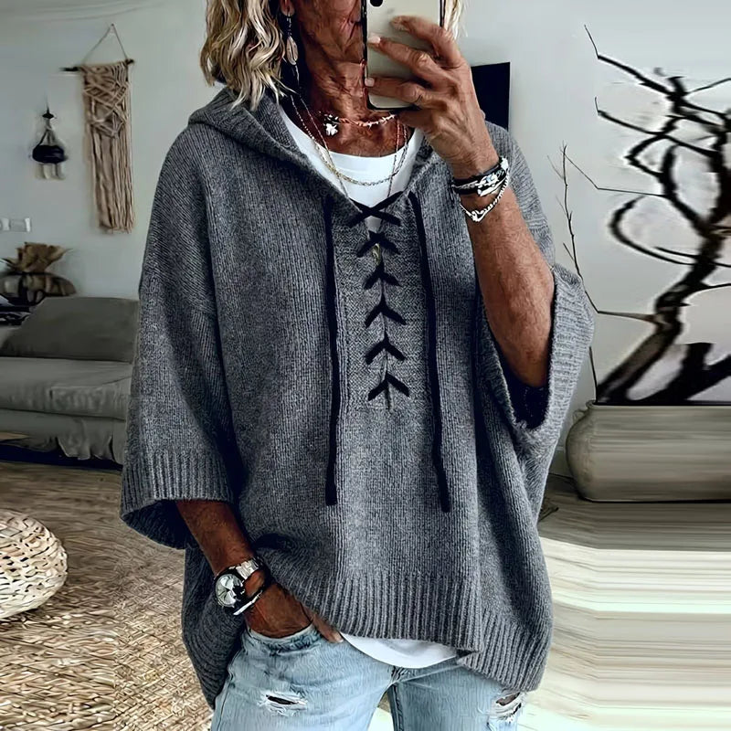 Oversized Hooded Knit Sweater with Lace-Up Front