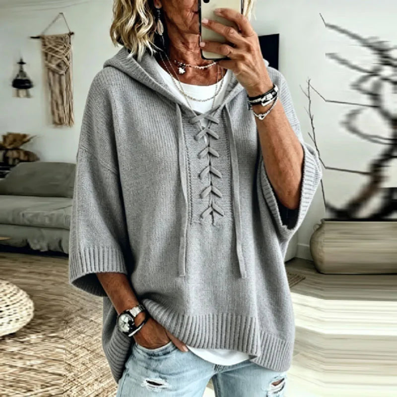Oversized Hooded Knit Sweater with Lace-Up Front