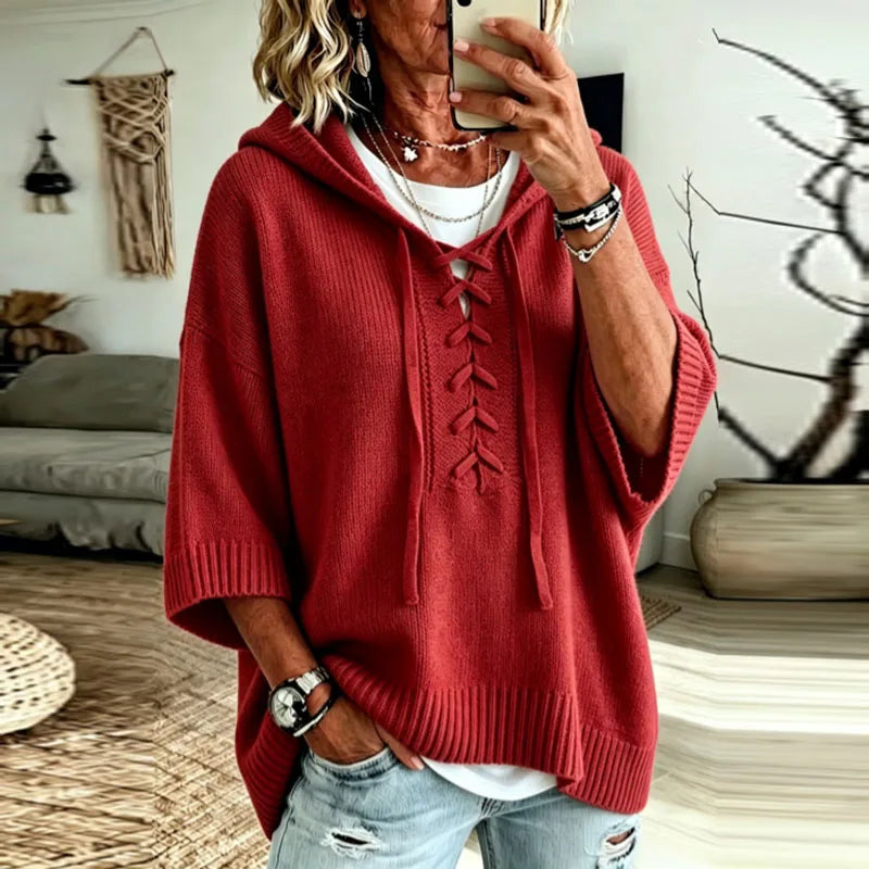 Oversized Hooded Knit Sweater with Lace-Up Front