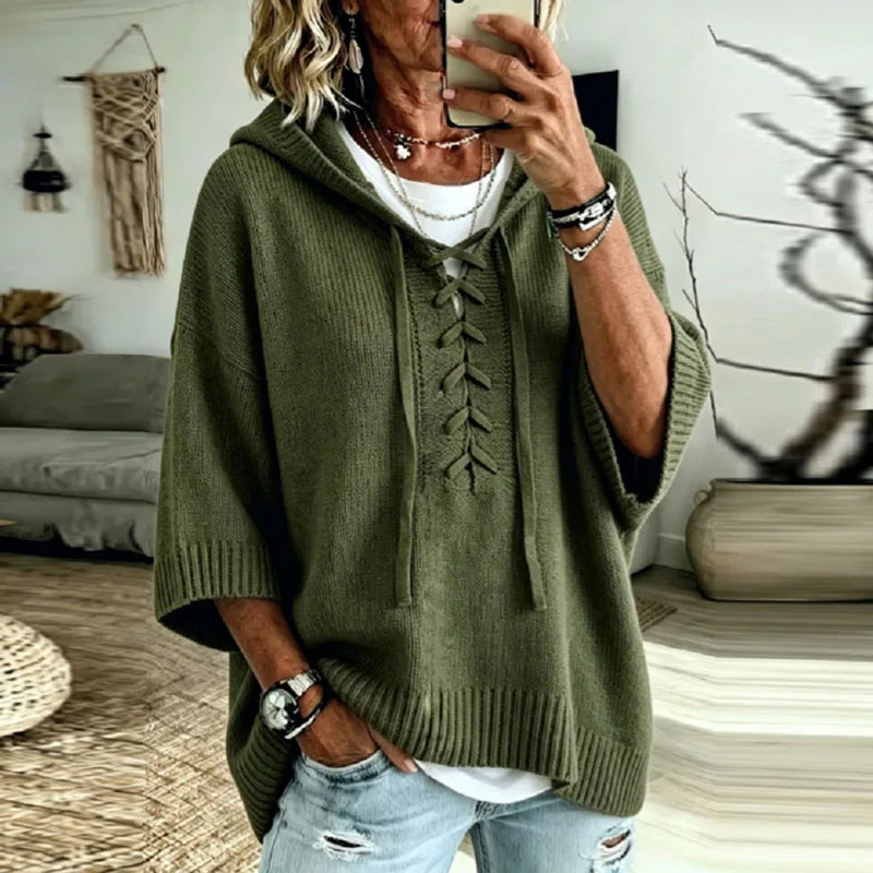 Oversized Hooded Knit Sweater with Lace-Up Front