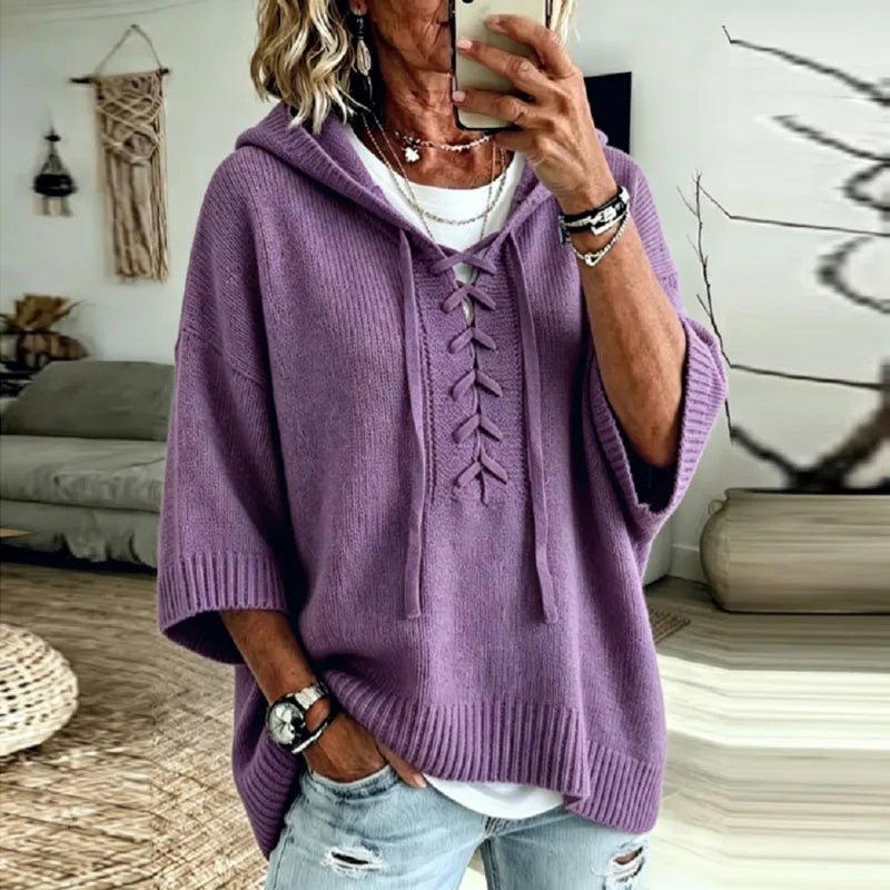 Oversized Hooded Knit Sweater with Lace-Up Front