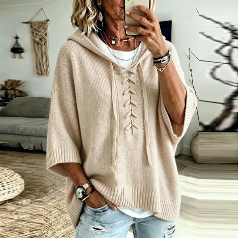 Oversized Hooded Knit Sweater with Lace-Up Front