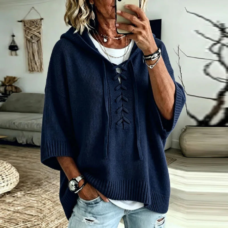 Oversized Hooded Knit Sweater with Lace-Up Front