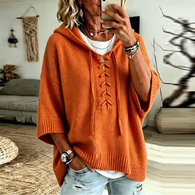 Oversized Hooded Knit Sweater with Lace-Up Front