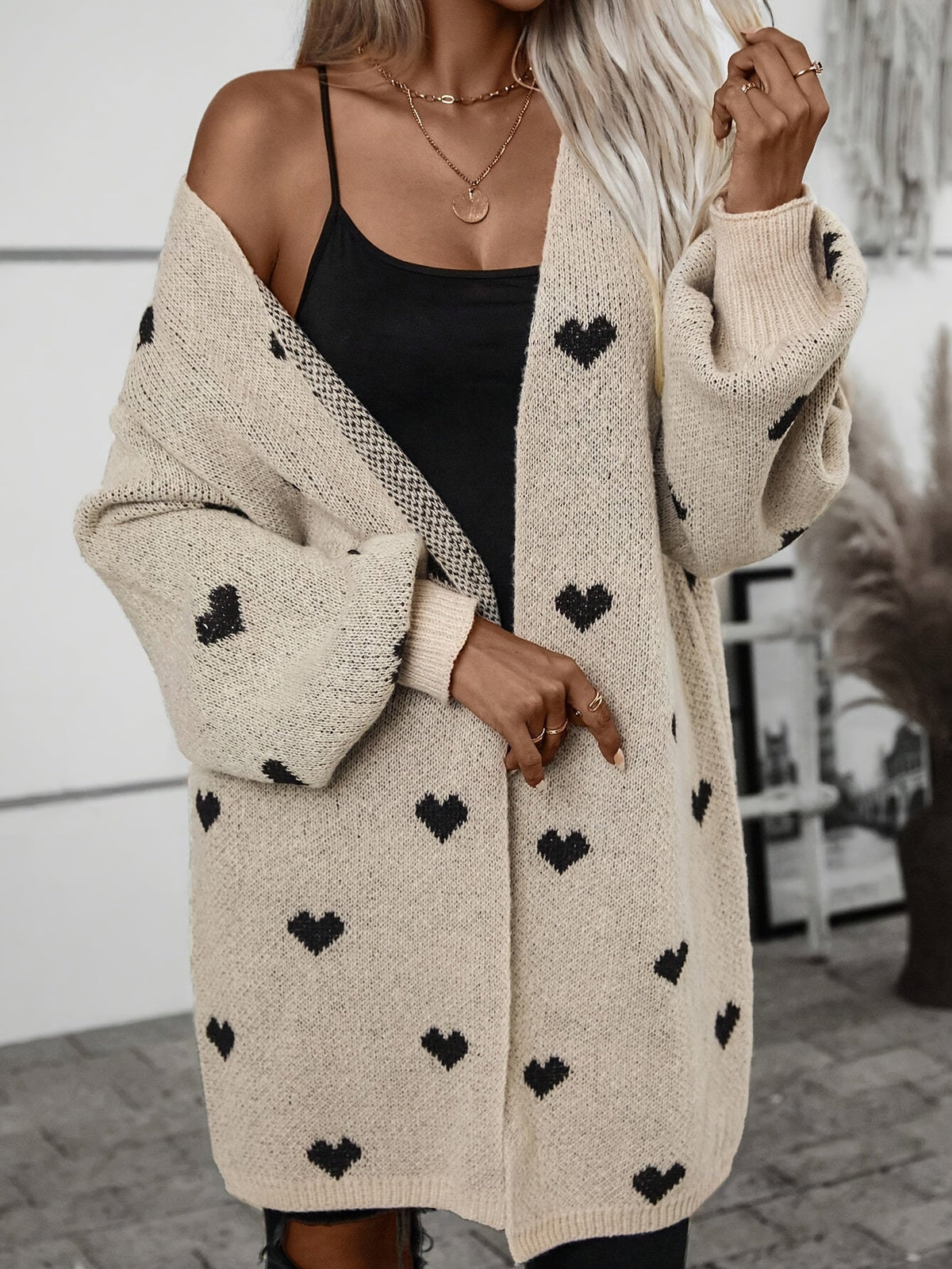 Oversized Khaki Heart Print Knit Cardigan with Open Front
