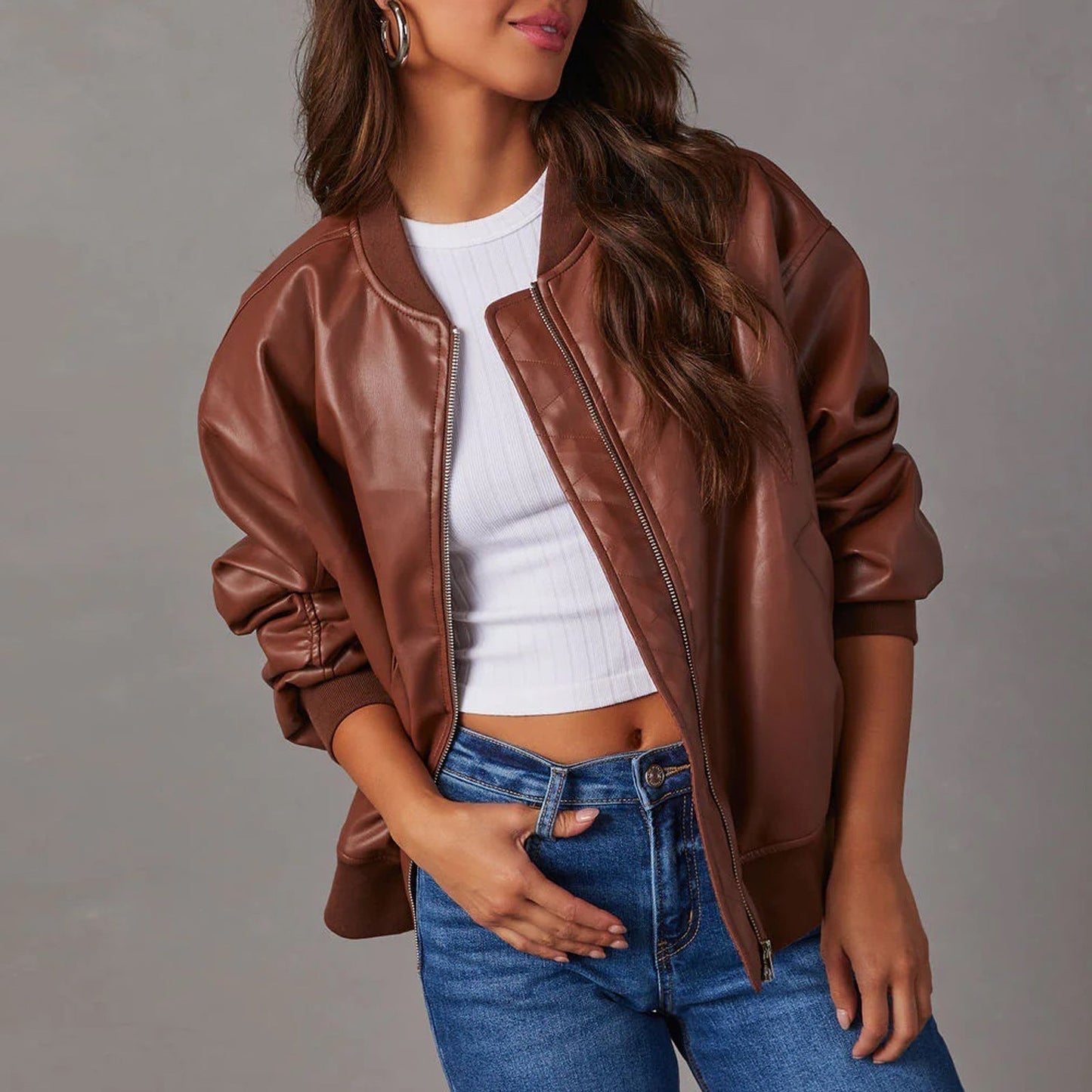 Oversized Leather Bomber Jacket with Ribbed Trim