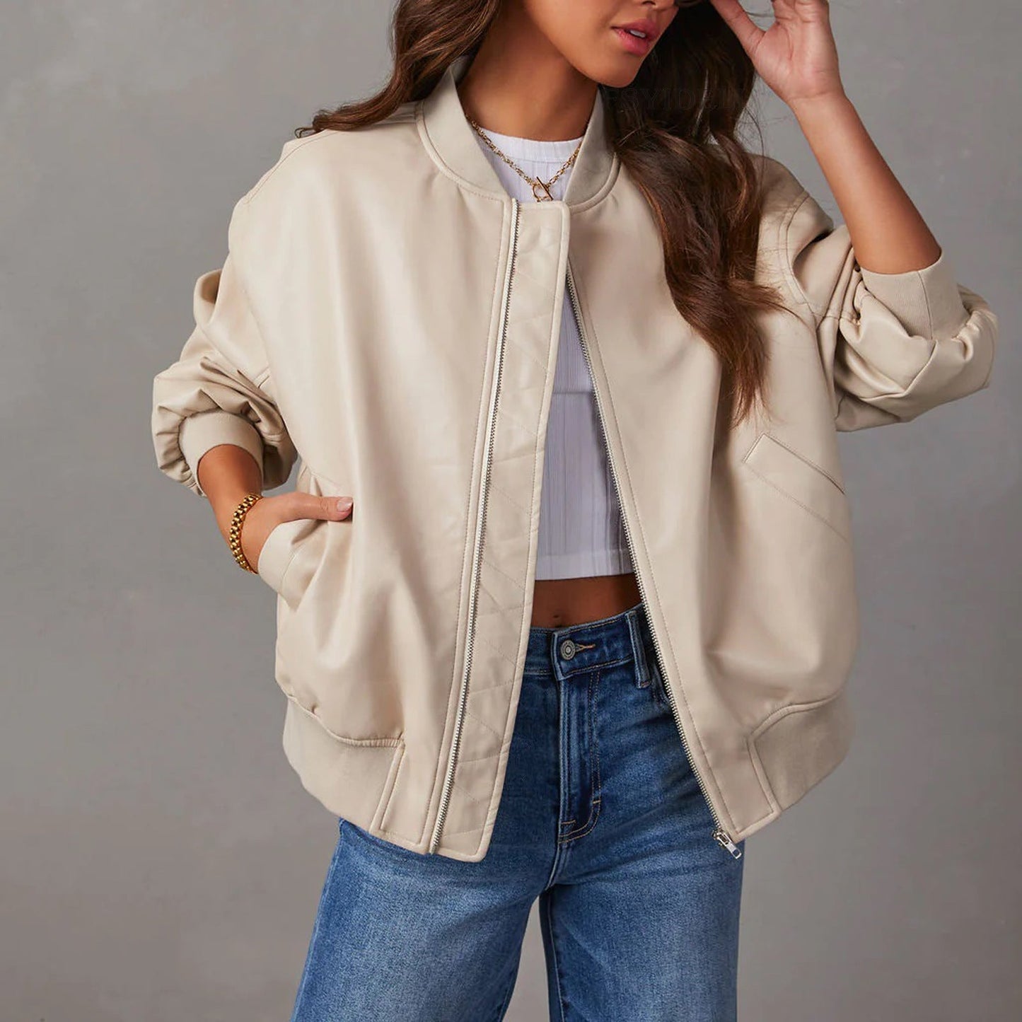 Oversized Leather Bomber Jacket with Ribbed Trim