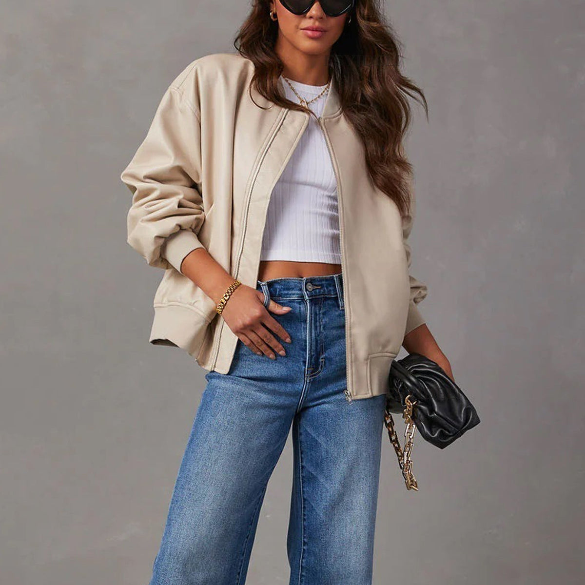 Oversized Leather Bomber Jacket with Ribbed Trim